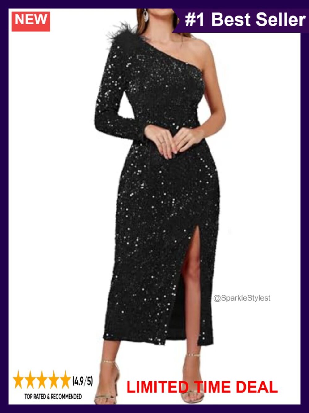Sequins One Shoulder Bodycon Maxi Dress Sparkly Split Wrap Cocktail Party